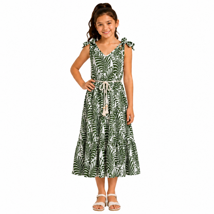 Girls Tropical Leaf Print Sleeveless Midi Dress with Tassel Belt