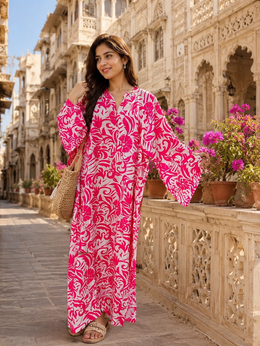Casual Graphic Printed Maxi Dresses with Button Details - MANSURI FASHIONS