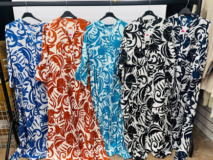 Casual Graphic Printed Maxi Dresses with Button Details - MANSURI FASHIONS