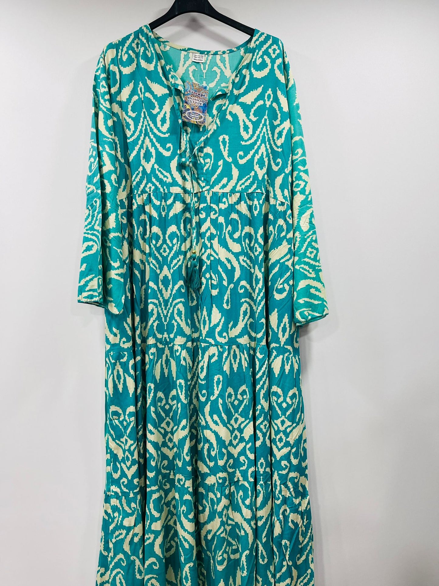 Casual Tribal Motif Maxi Dresses with Drawstring Neck - MANSURI FASHIONS