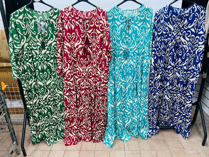 Casual Tribal Motif Maxi Dresses with Drawstring Neck - MANSURI FASHIONS