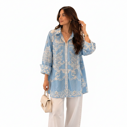 Women's Oversized Embroidered Shirt | Casual Chic Tunic Top