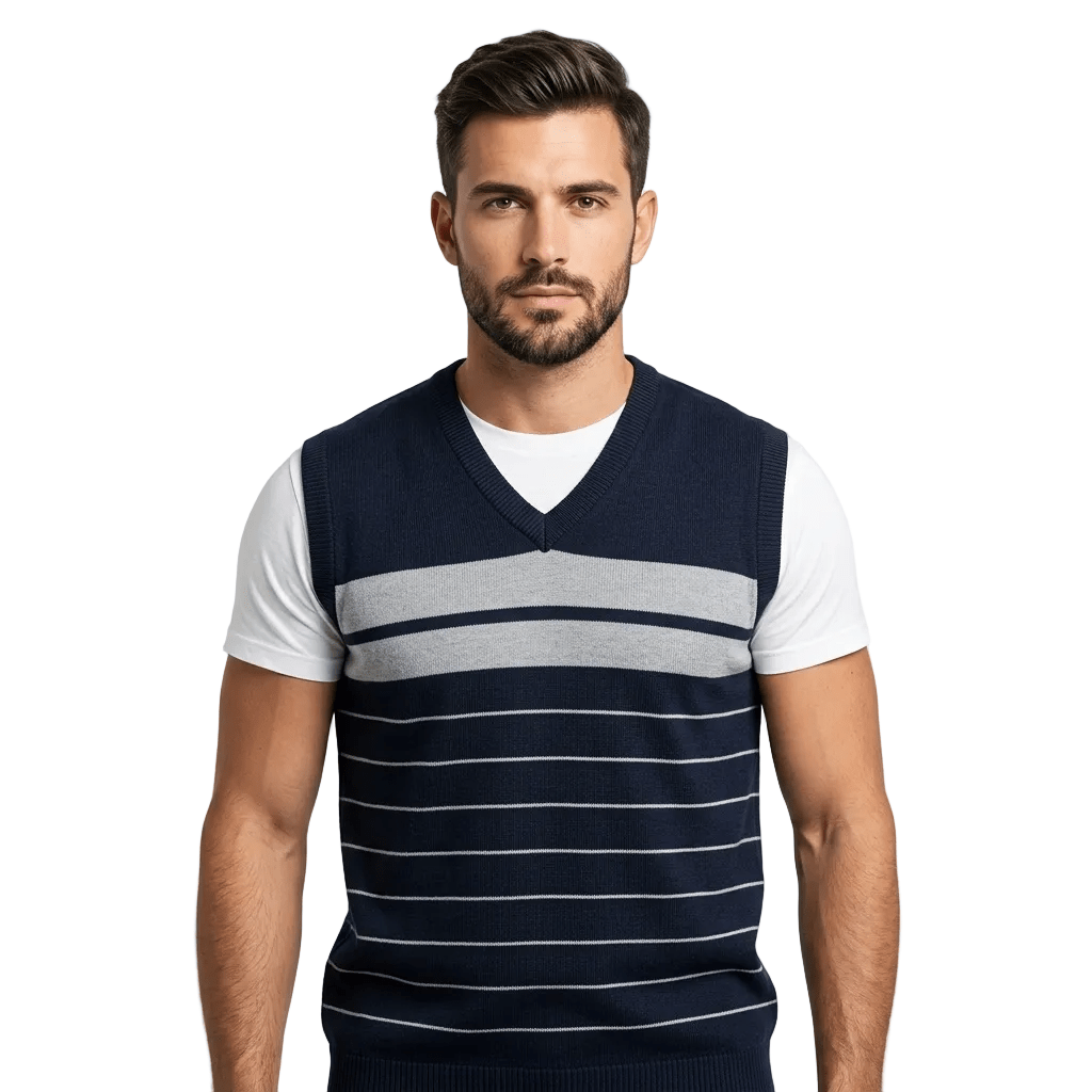 Classic V-Neck Knit Vest with Block Stripes - MANSURI FASHIONS