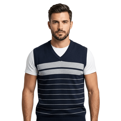 Classic V-Neck Knit Vest with Block Stripes - MANSURI FASHIONS