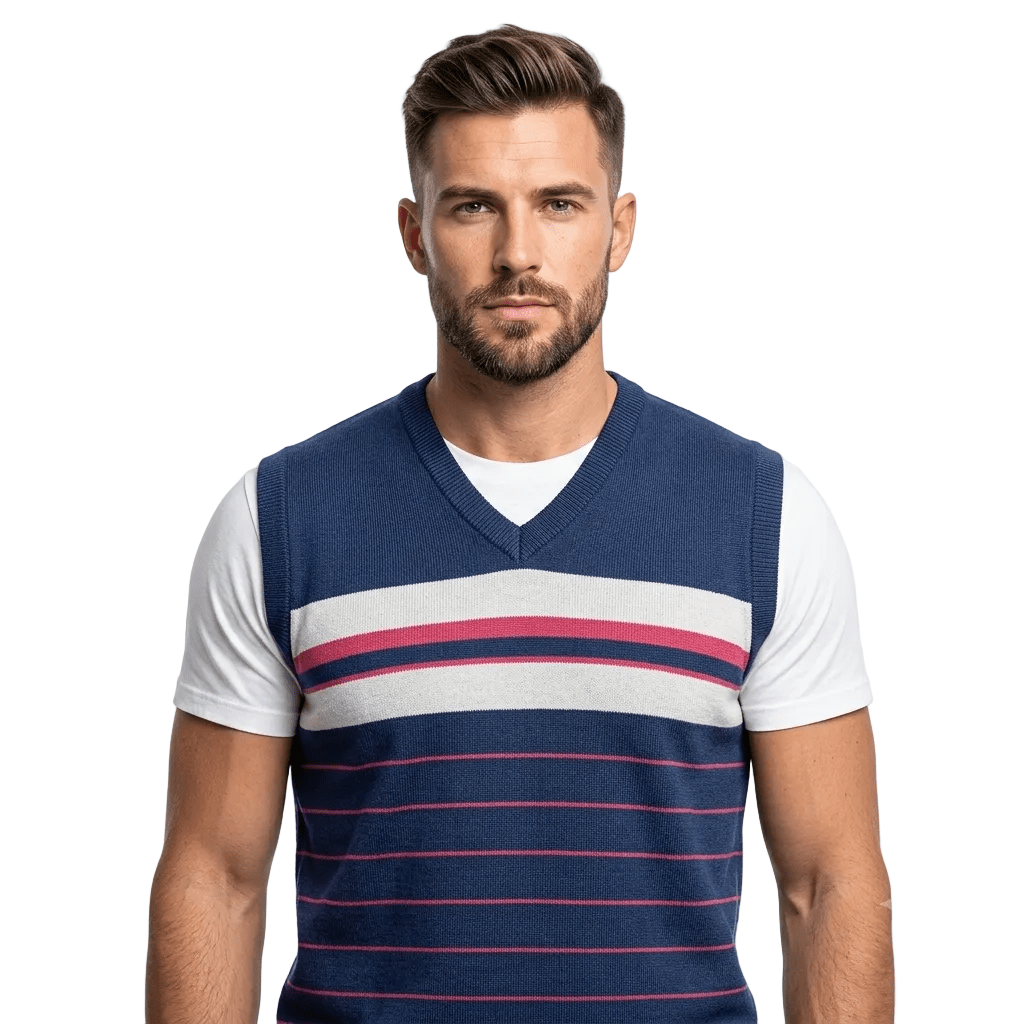Classic V-Neck Knit Vest with Block Stripes - MANSURI FASHIONS
