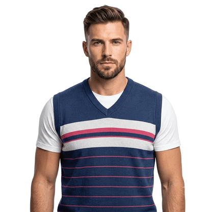 Classic V-Neck Knit Vest with Block Stripes - MANSURI FASHIONS