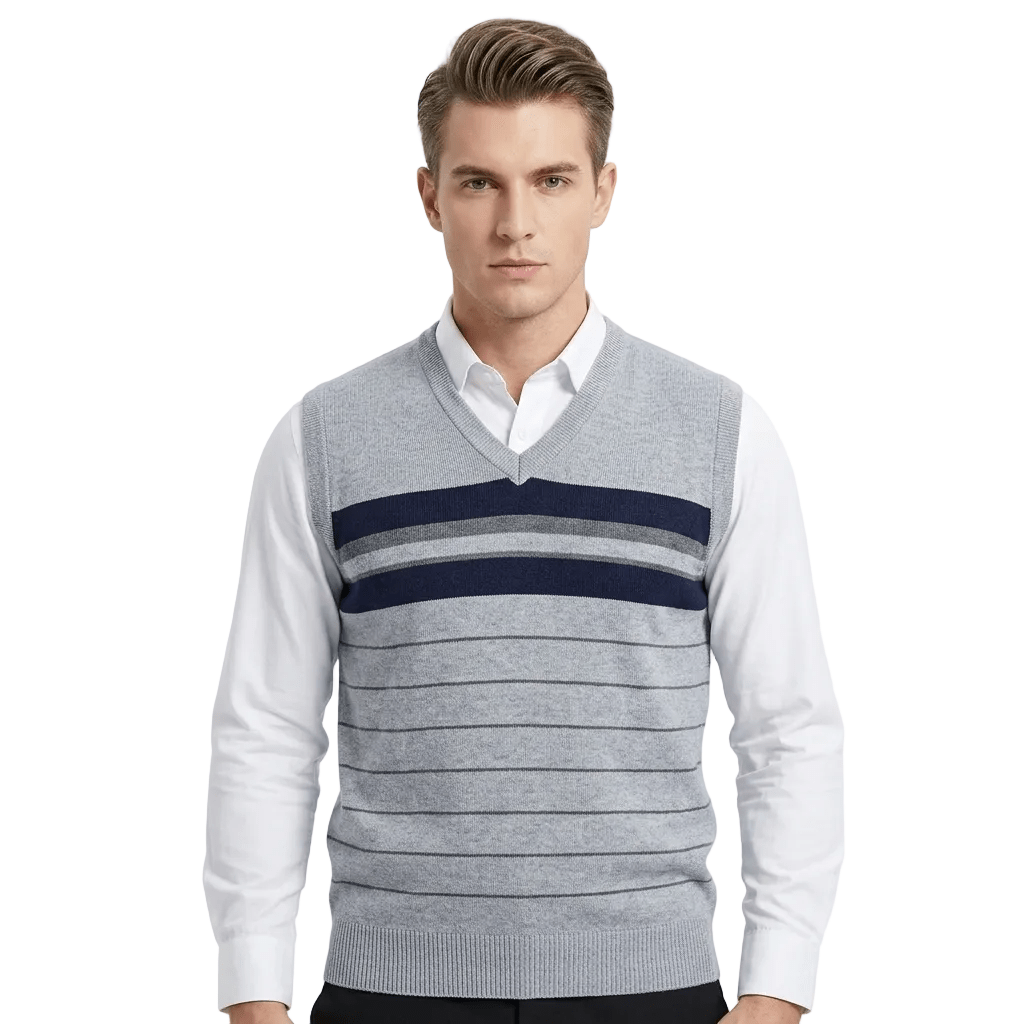 Classic V-Neck Knit Vest with Block Stripes - MANSURI FASHIONS