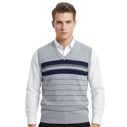 Classic V-Neck Knit Vest with Block Stripes - MANSURI FASHIONS