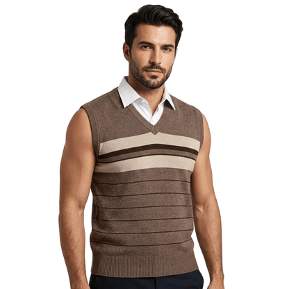 Classic V-Neck Knit Vest with Block Stripes - MANSURI FASHIONS