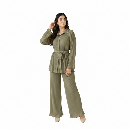 Women's Elegant Pleated Co-Ord Set | Belted Casual Outfit