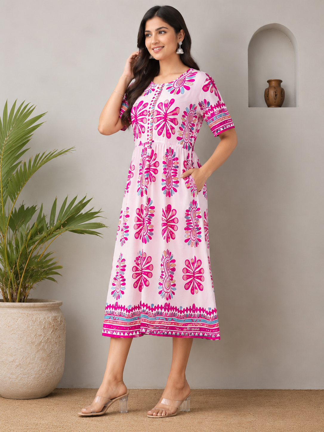 Women's  Floral Printed Midi Dress – Elegant Casual Summer Wear