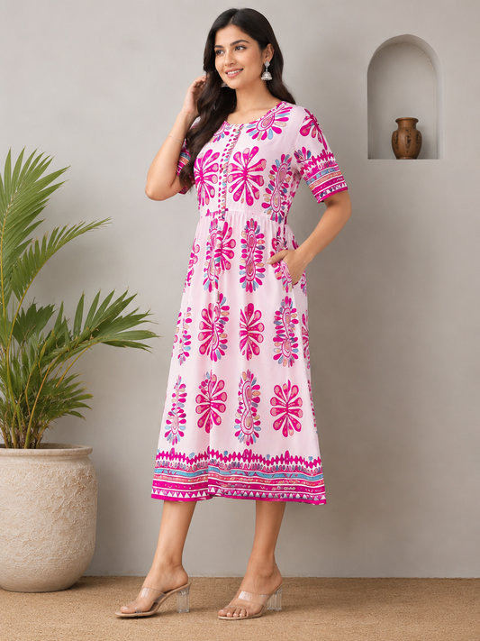 Women's  Floral Printed Midi Dress – Elegant Casual Summer Wear