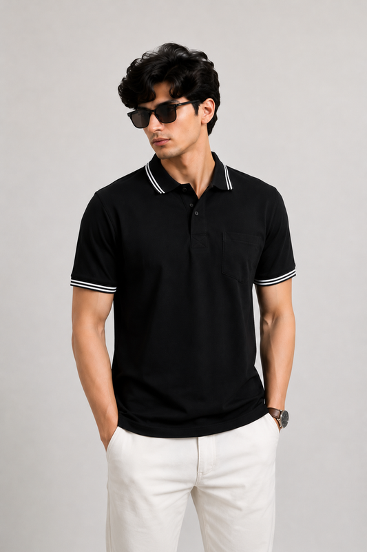 Men's Premium Contrast Trim Polo Shirt – Smart Casual Short Sleeve Tee