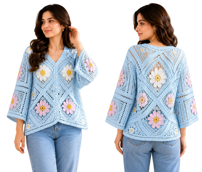 Women's Floral Crochet Jacket Shirt | Casual Layering Top