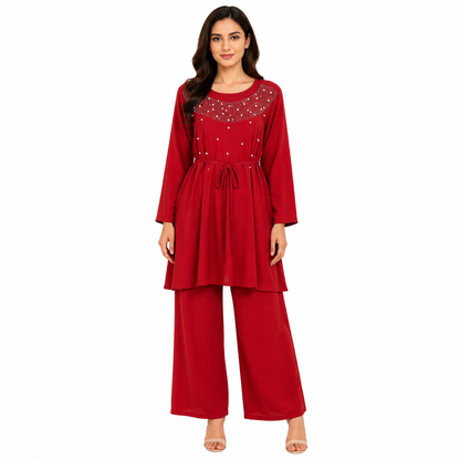 Women's Pearl Embellished Tie-Waist Co-Ord Set | Elegant Outfit