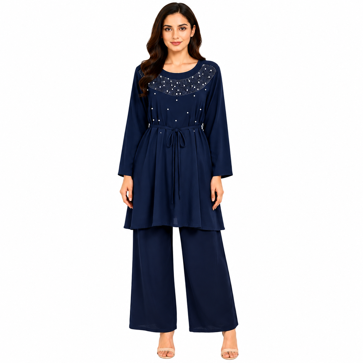 Women's Pearl Embellished Tie-Waist Co-Ord Set | Elegant Outfit