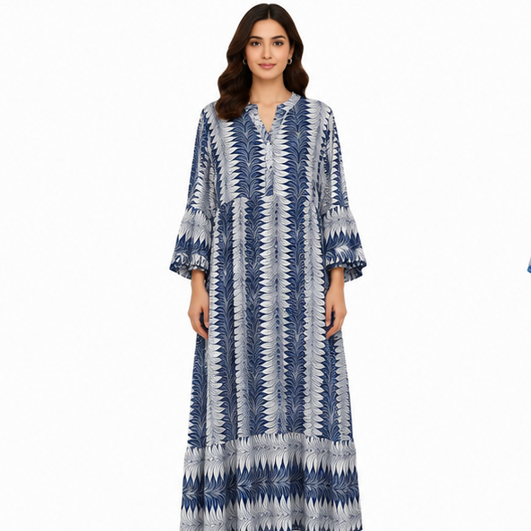 Women's Boho Long Sleeve Henley Neck Tiered Maxi Dress