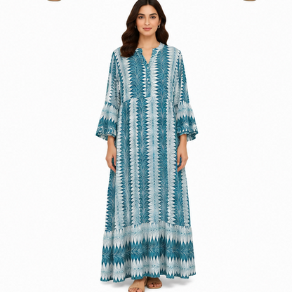 Women's Boho Long Sleeve Henley Neck Tiered Maxi Dress