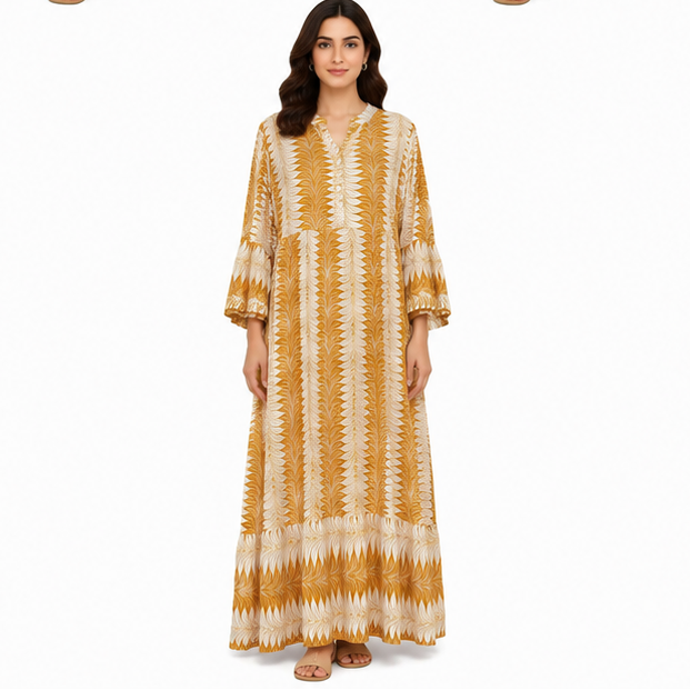 Women's Boho Long Sleeve Henley Neck Tiered Maxi Dress