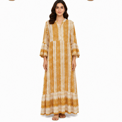 Women's Boho Long Sleeve Henley Neck Tiered Maxi Dress
