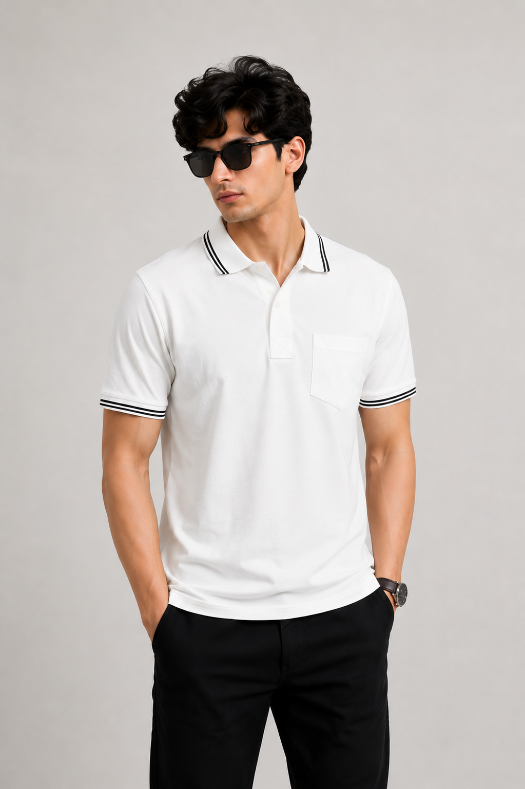 Men's Premium Contrast Trim Polo Shirt – Smart Casual Short Sleeve Tee