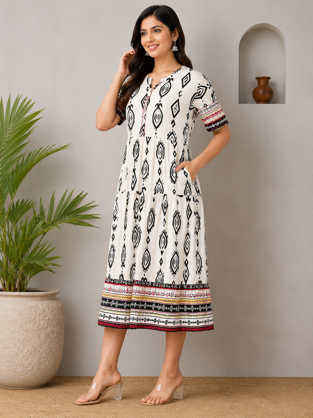 Geometric Print Midi Dress for Women – Elegant Casual Boho Style Dress
