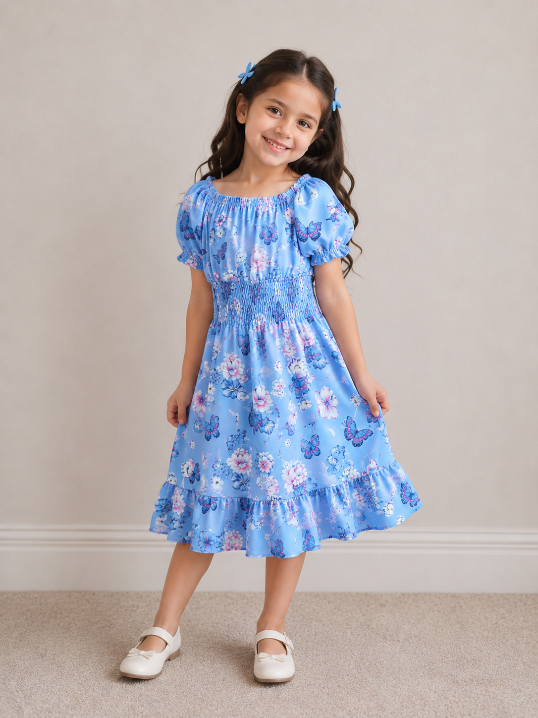 Girls Blue Floral Butterfly Print Smocked Dress with Puff Sleeves and Ruffle Hem