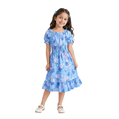 Girls Blue Floral Butterfly Print Smocked Dress with Puff Sleeves and Ruffle Hem