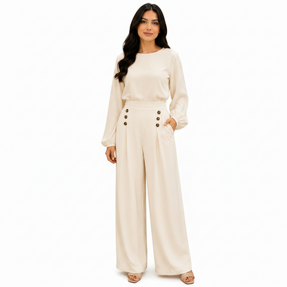 Women's High-Waist Wide Leg Trousers with Button Detail