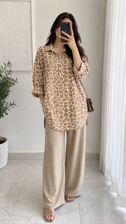 Elegant Giraffe Print Co-Ord Set for Women | Trendy Casual Lounge Outfit