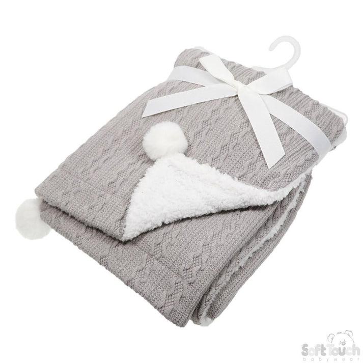 COFFEE CABLE KNIT WRAP W/POM POM
