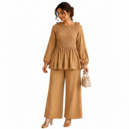 Women's Smocked Co-Ord Set with Wide-Leg Trousers | Casual Outfit