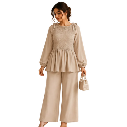 Women's Smocked Co-Ord Set with Wide-Leg Trousers | Casual Outfit