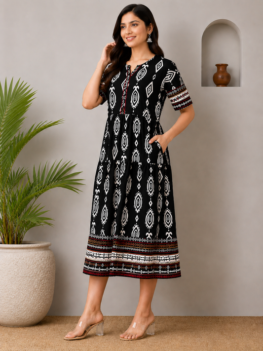 Geometric Print Midi Dress for Women – Elegant Casual Boho Style Dress