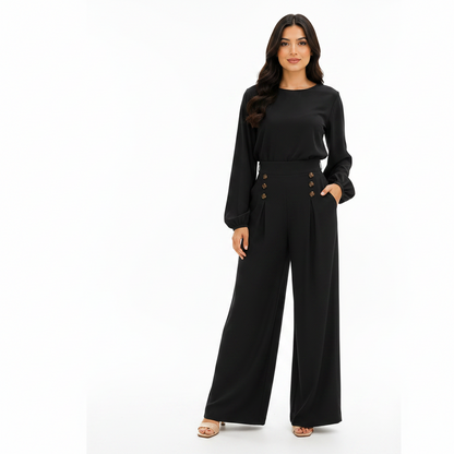 Women's High-Waist Wide Leg Trousers with Button Detail