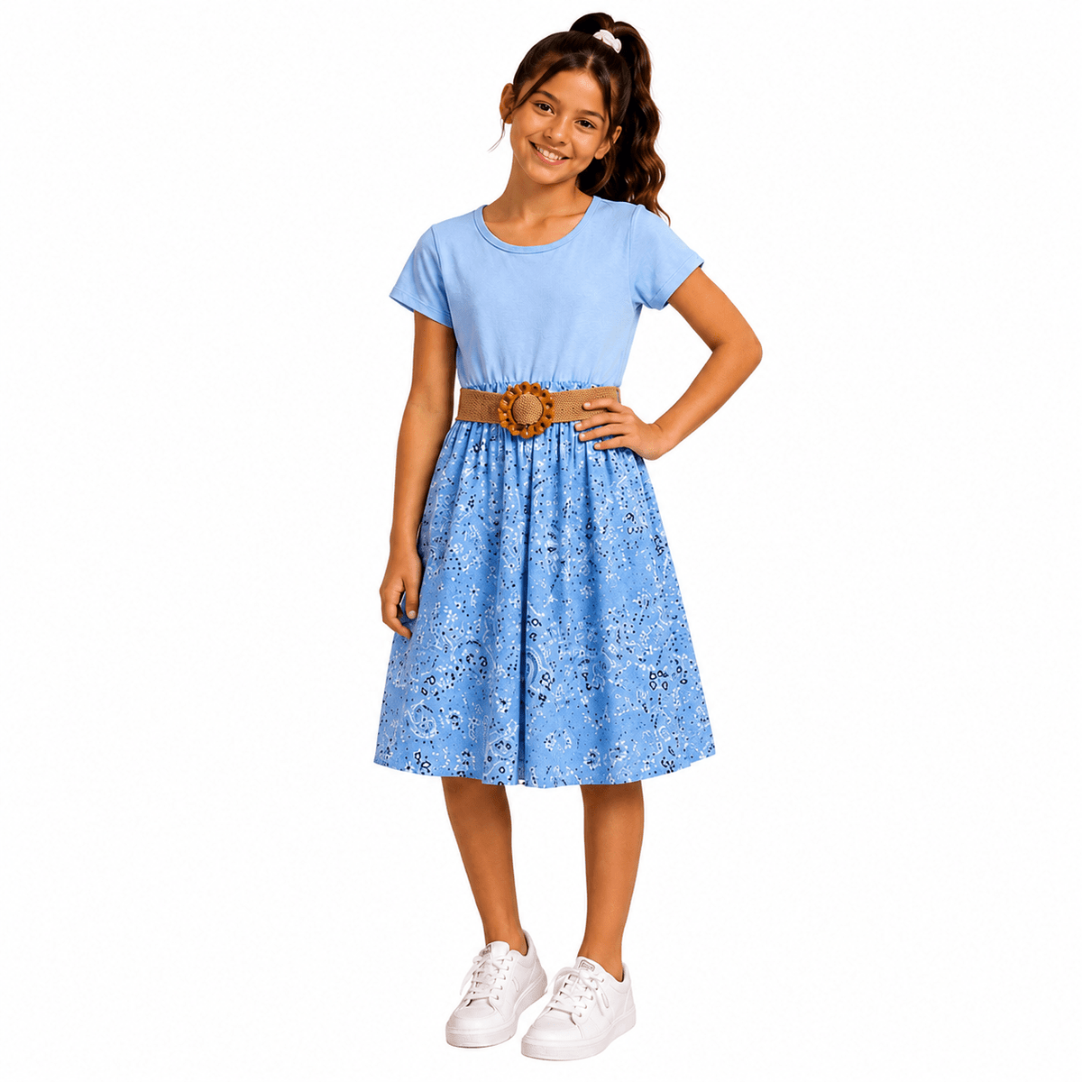 Girls Printed A-Line Frock with Decorative Belt | Party Dress - MANSURI FASHIONS