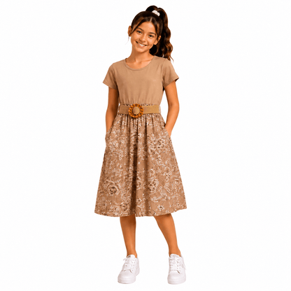 Girls Printed A-Line Frock with Decorative Belt | Party Dress - MANSURI FASHIONS