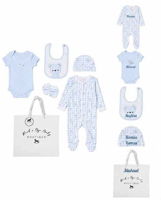 Personalised Baby Mesh Bag Gift Set - Blue Happy Bear - MANSURI FASHIONS