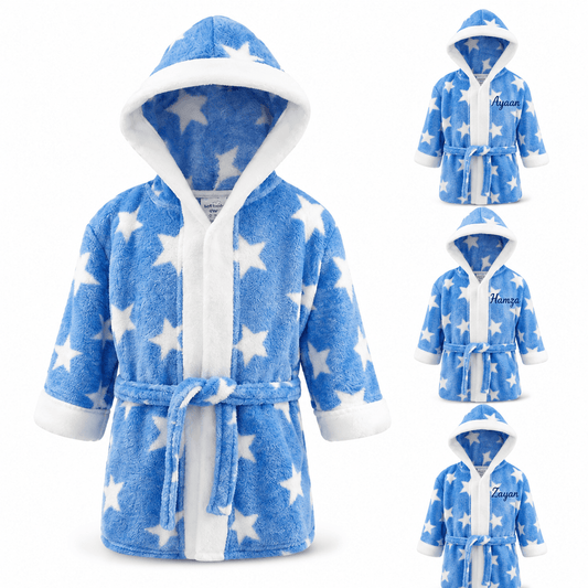 Personalised Star Print Coral Fleece Hooded Baby Robe | Soft Hooded Dressing Gown - MANSURI FASHIONS