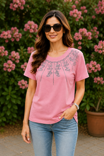 Stylish Rhinestone Floral Ladies T-Shirt – One Size