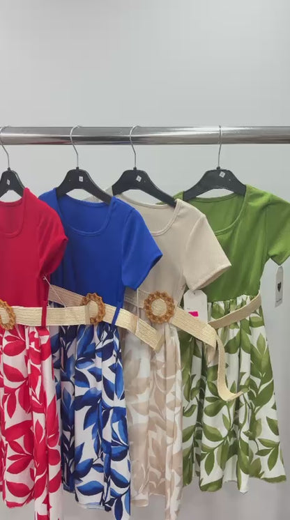 Girls Floral Print Belted Dress | Short Sleeve Party Dress