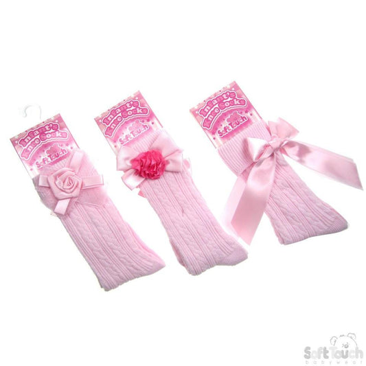 RIBBED KNEE LENGTH SOCKS W/STITCHED BOWS: 4S42-P - Kidswholesale.co.uk