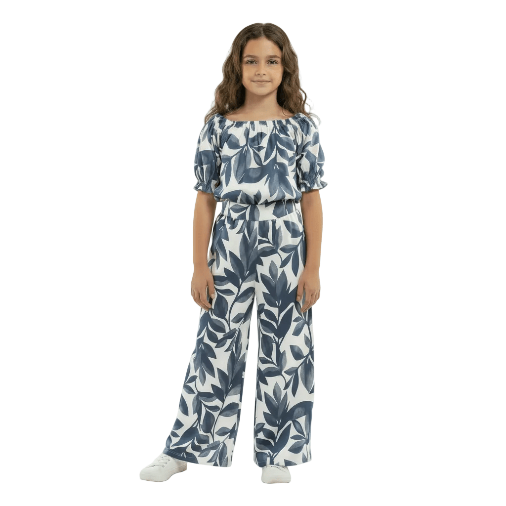 Tropical Leaf Print Co-ord Set | Crop Top & Wide-Leg Pants - MANSURI FASHIONS