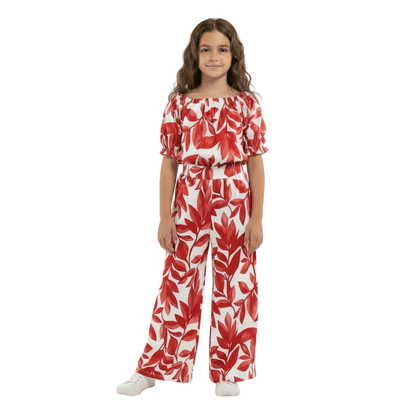 Tropical Leaf Print Co-ord Set | Crop Top & Wide-Leg Pants - MANSURI FASHIONS