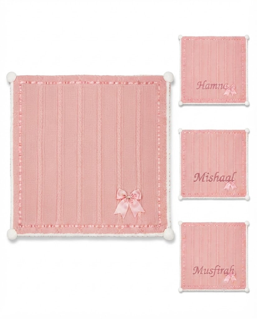 Personalized Luxe Chevron Cable Knit Baby Wrap with Satin Bow – Soft & Cosy