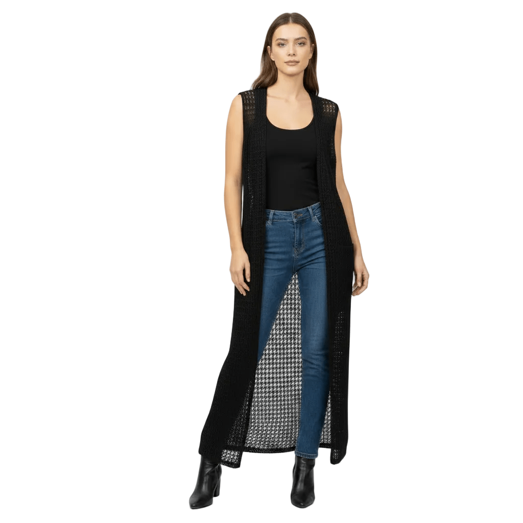Women's Casual Net Pattern Maxi Vest with Pockets - MANSURI FASHIONS