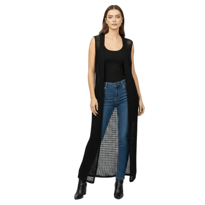 Women's Casual Net Pattern Maxi Vest with Pockets - MANSURI FASHIONS