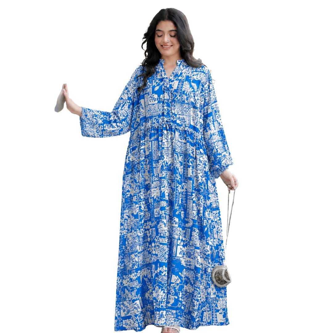 Women's Geometric Patterned Mandarin Collar Casual Resort Dress - MANSURI FASHIONS