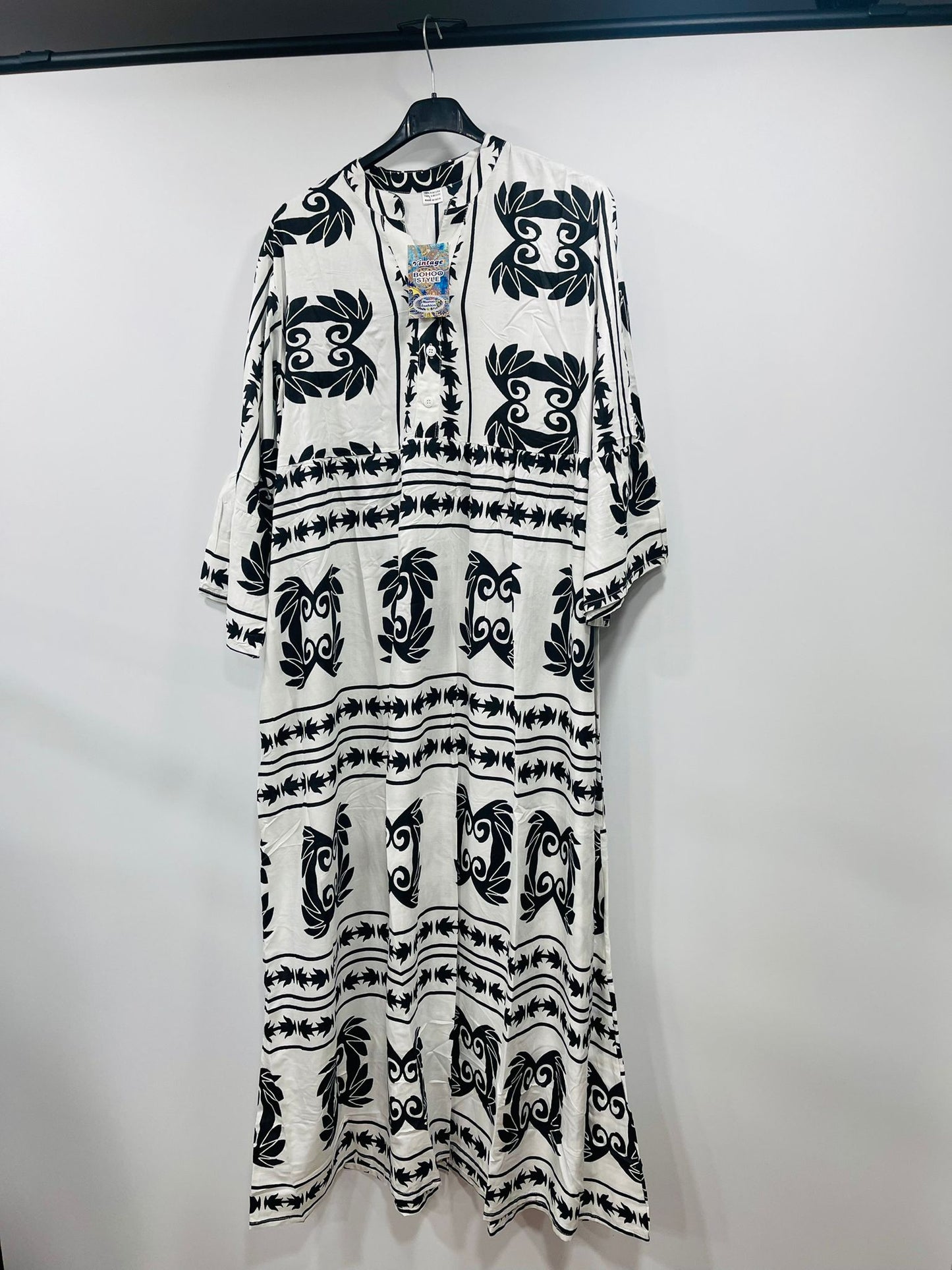 Women's Loose-Fit Bohemian Print Dress with Ruffled Sleeves - MANSURI FASHIONS