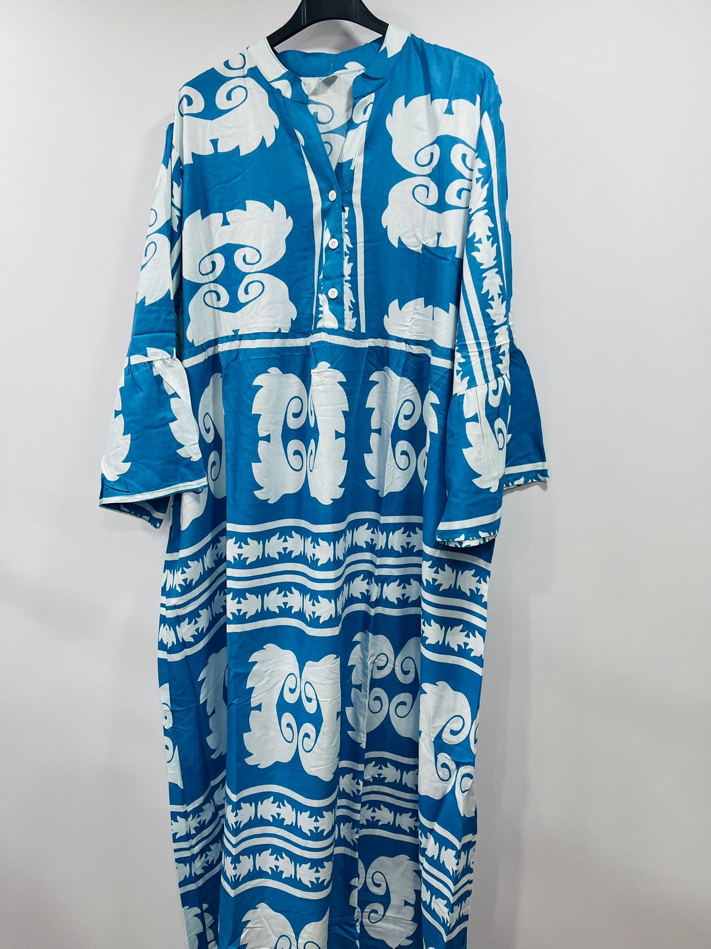 Women's Loose-Fit Bohemian Print Dress with Ruffled Sleeves - MANSURI FASHIONS